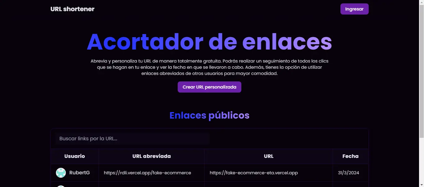 Proyecto URL shortener hecho por Rubert Gonzalez, desarrollador web.